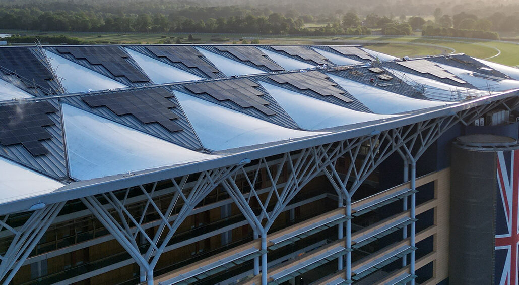 View of Royal Ascot Grandstand roof with solar energy infrastructure provided by partnership with Ortus Energy