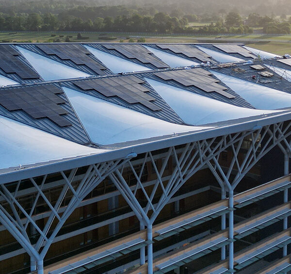 View of Royal Ascot Grandstand roof with solar energy infrastructure provided by partnership with Ortus Energy